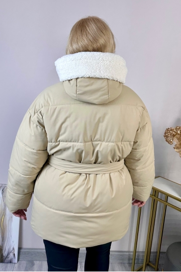 Пуховик женский из текстиля с капюшоном, отделка искусственный мех