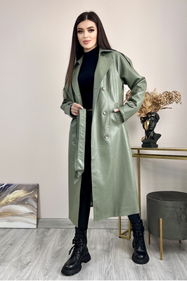 Длинное женское кожаное пальто из эко-кожи с воротником
