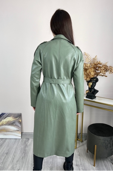 Длинное женское кожаное пальто из эко-кожи с воротником